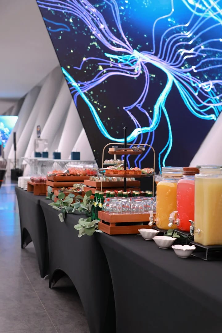 Corporate catering setup with food displays